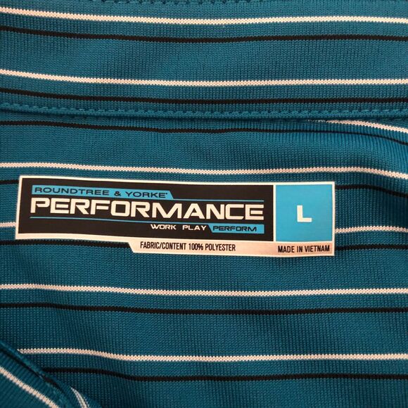 Roundtree &Yorke Mens L Teal Striped Performance Polo Shirt Stretch Comfort Golf - Picture 3 of 7